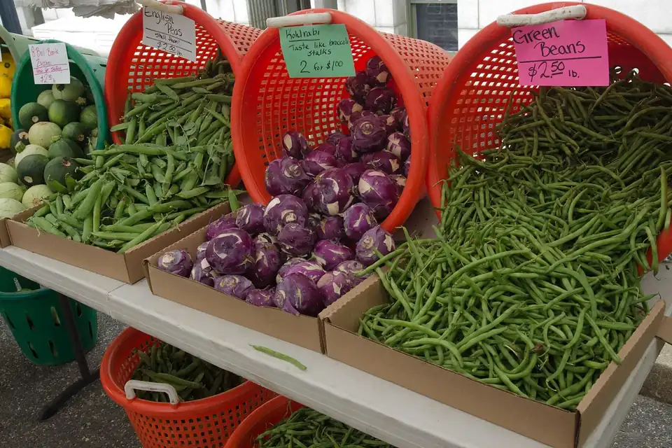 Sur un étal de marché de producteurs, des paniers de haricots verts, de choux-raves violets et de légumes frais